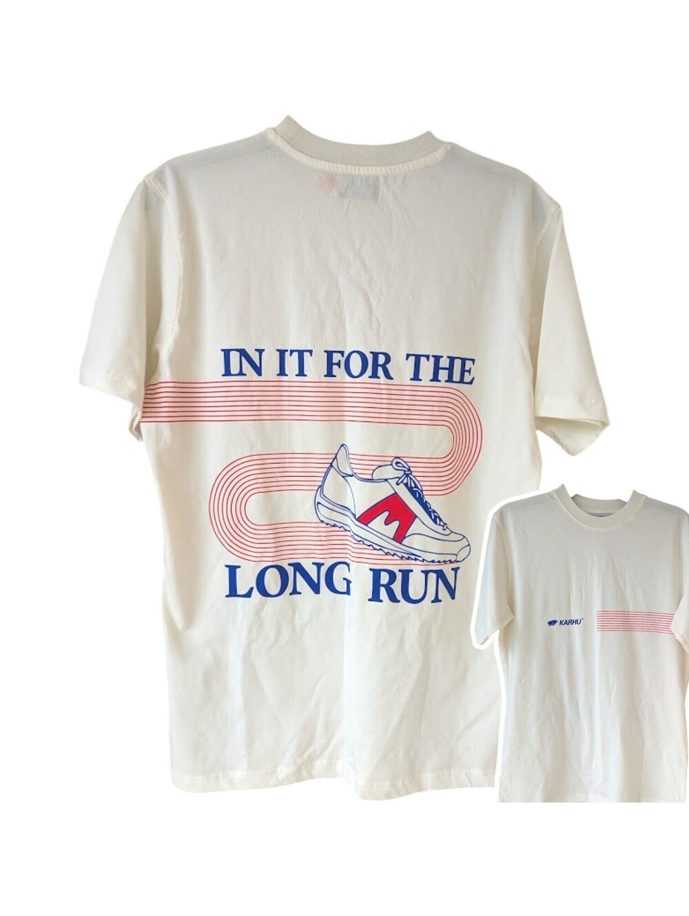 Karhu In It For The Long Run T-Shirt XS fits Medium Off White Graphic 20x27.5